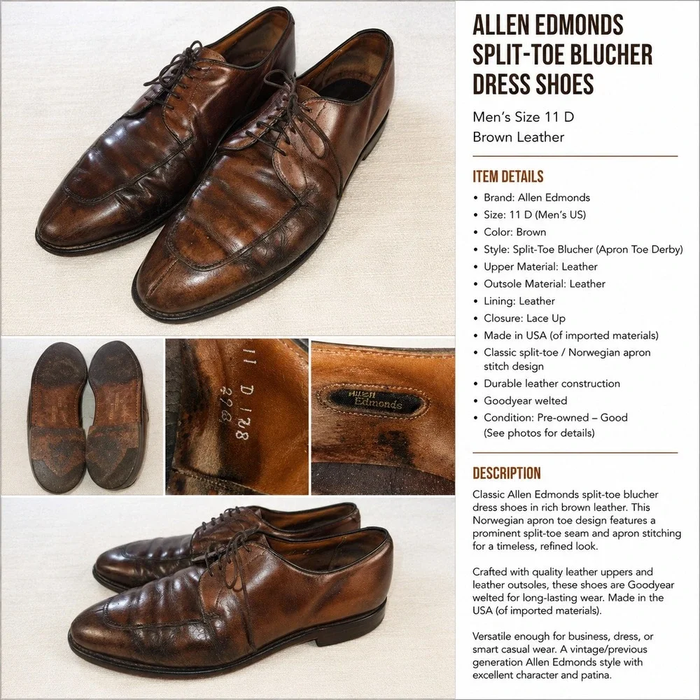 Allen Edmonds Mens 11 D Brown Leather Split-Toe Blucher Apron Toe Derby Shoes